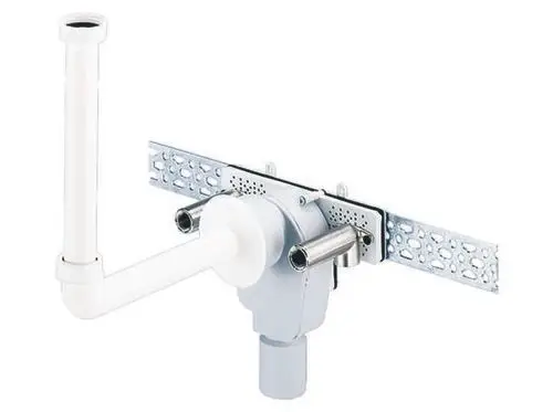 Dallmer Wandeinbau-Siphon mit horizontalen und vertikalen Rohren zur Verbindungsherstellung, in weiß und grauem Kunststoff, für die Wandmontage geeignet.