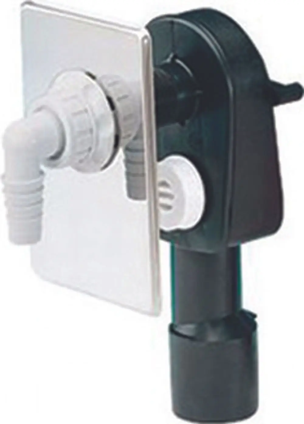 Dallmer Siphon für den Wandeinbau mit mehreren Anschlussmöglichkeiten. Das Produkt zeigt angeschlossene Rohre und eine aufrechte schwarze Halterung.