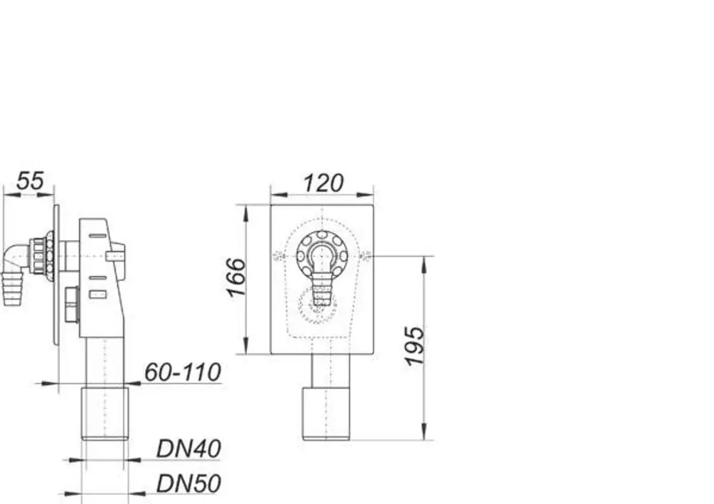 Dallmer Wandeinbau-Siphon in schematischer Darstellung. Seitenansicht zeigt Maße und Anschlussmöglichkeiten für DN 40/DN 50.
