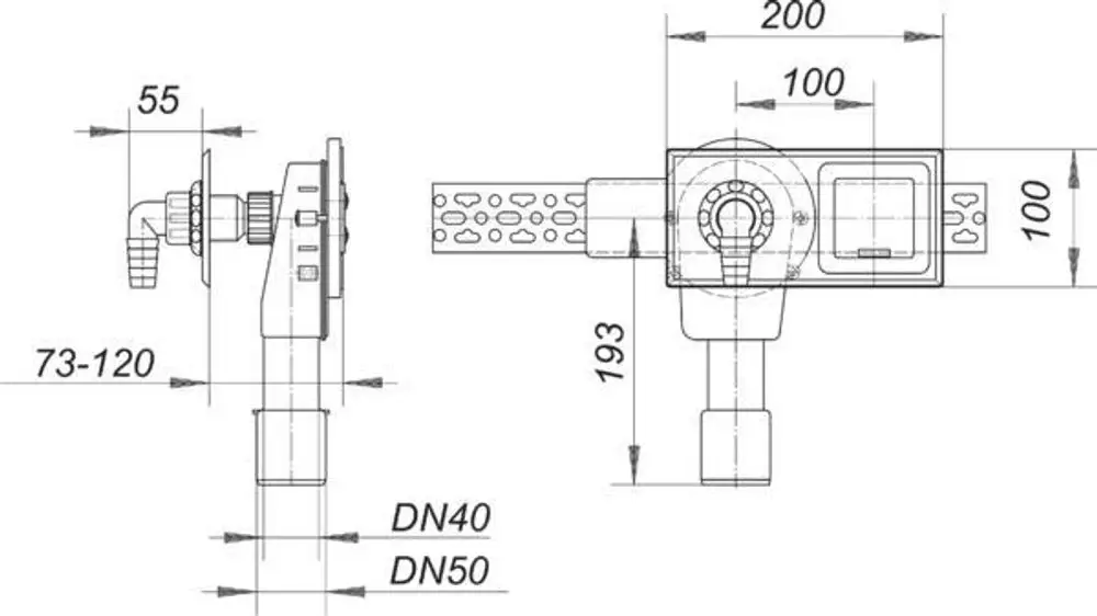 Dallmer Siphon für Wandeinbau mit mehreren Anschlussmöglichkeiten. Grafische Darstellung der Maße und Montageoptionen für eine praktische Installation.