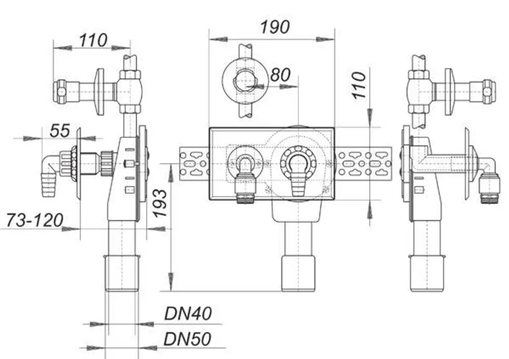 Wandmontierter Siphon von Dallmer mit zwei Anschlussmöglichkeiten, verschiedenen Rohrdurchmessern und Montageelementen, abgebildet in technischer Zeichnung.
