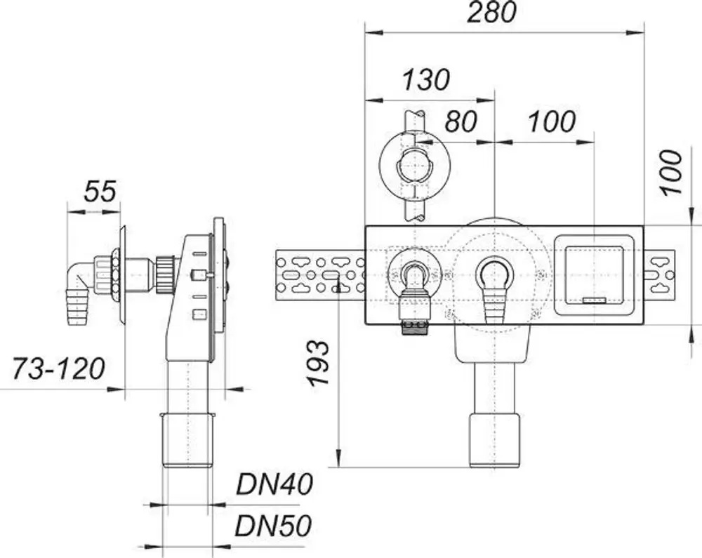 Dallmer Wandeinbau-Waschgeräte-Siphon mit zwei Befestigungsöffnungen, seitlichem Anschluss und verschiedenen Rohrdurchmessern, abgebildet in technischer Zeichnung.