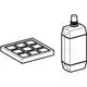 Zwei Komponenten für Geberit AquaClean: Links ein Rahmen mit Fächern, rechts eine Flasche, möglicherweise für Reinigungslösung oder Filter.
