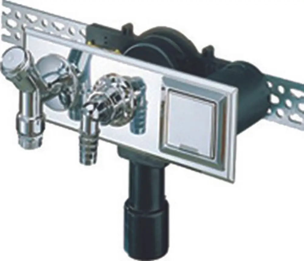 Dallmer Siphon für Wandeinbau mit verchromten Armaturen und einem schwarzen Abflussrohr, geeignet für Waschgeräteinstallation.