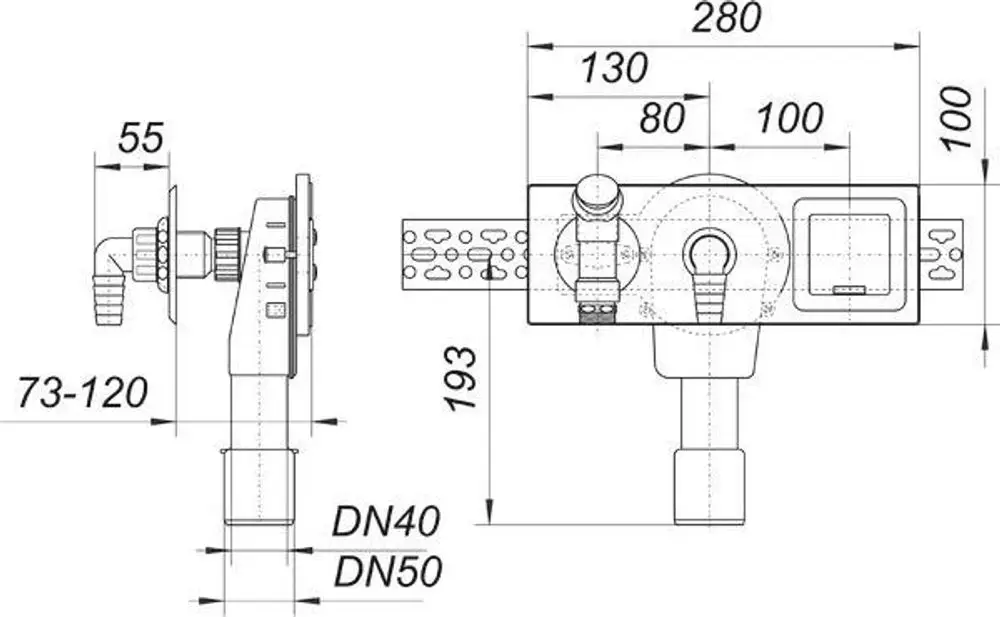 Dallmer Wandeinbau-Siphon mit zwei Anschlussöffnungen, eingebauter Ablauf und Montageplatte, designt für die Installation in Wänden, ohne sichtbare Maße.