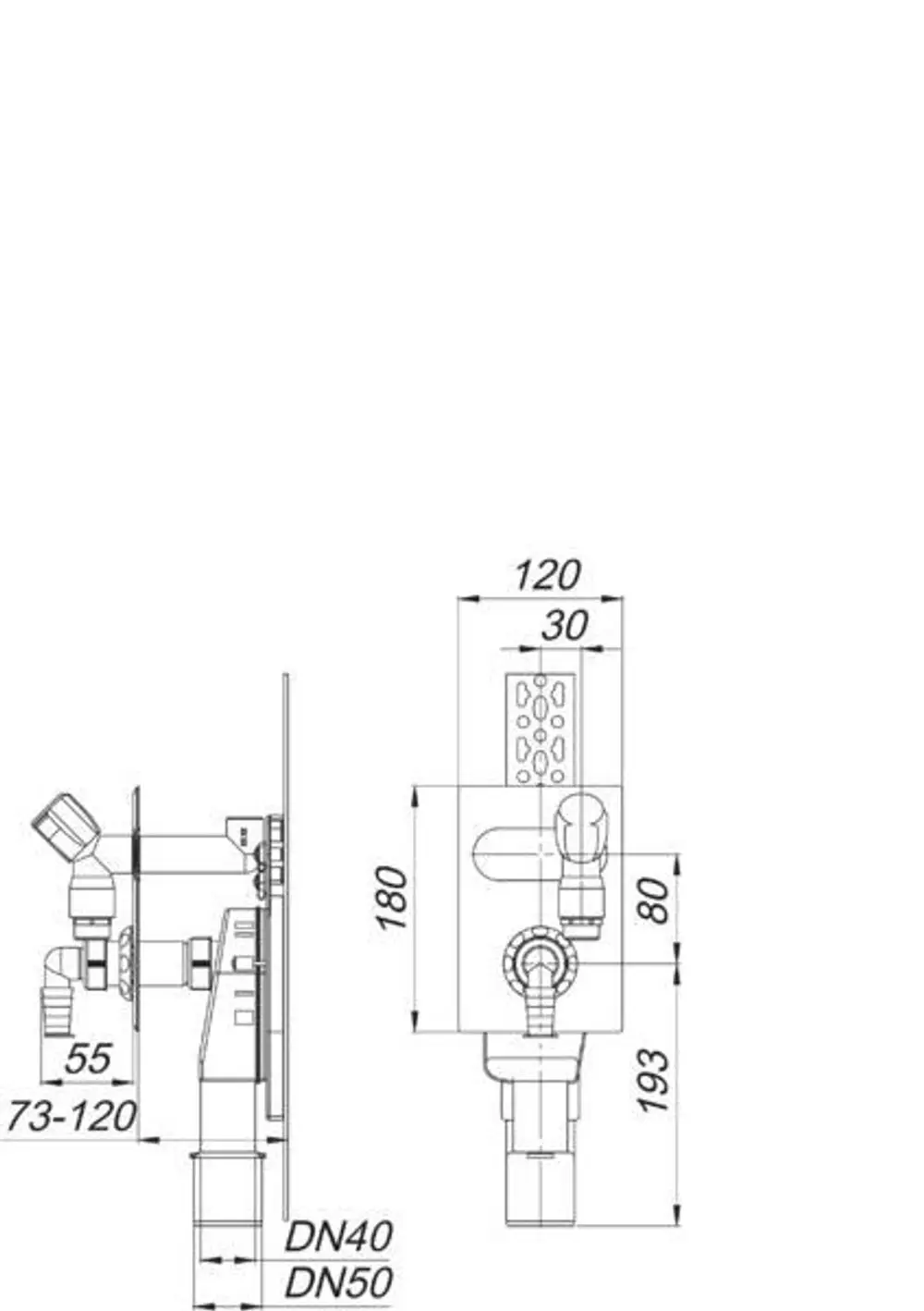 Dallmer Wandeinbau-Siphon in senkrechter Bauform, mit Anschlüssen für DN 40 und DN 50, zeigt schematische Darstellung und Abmessungen in Millimeter.
