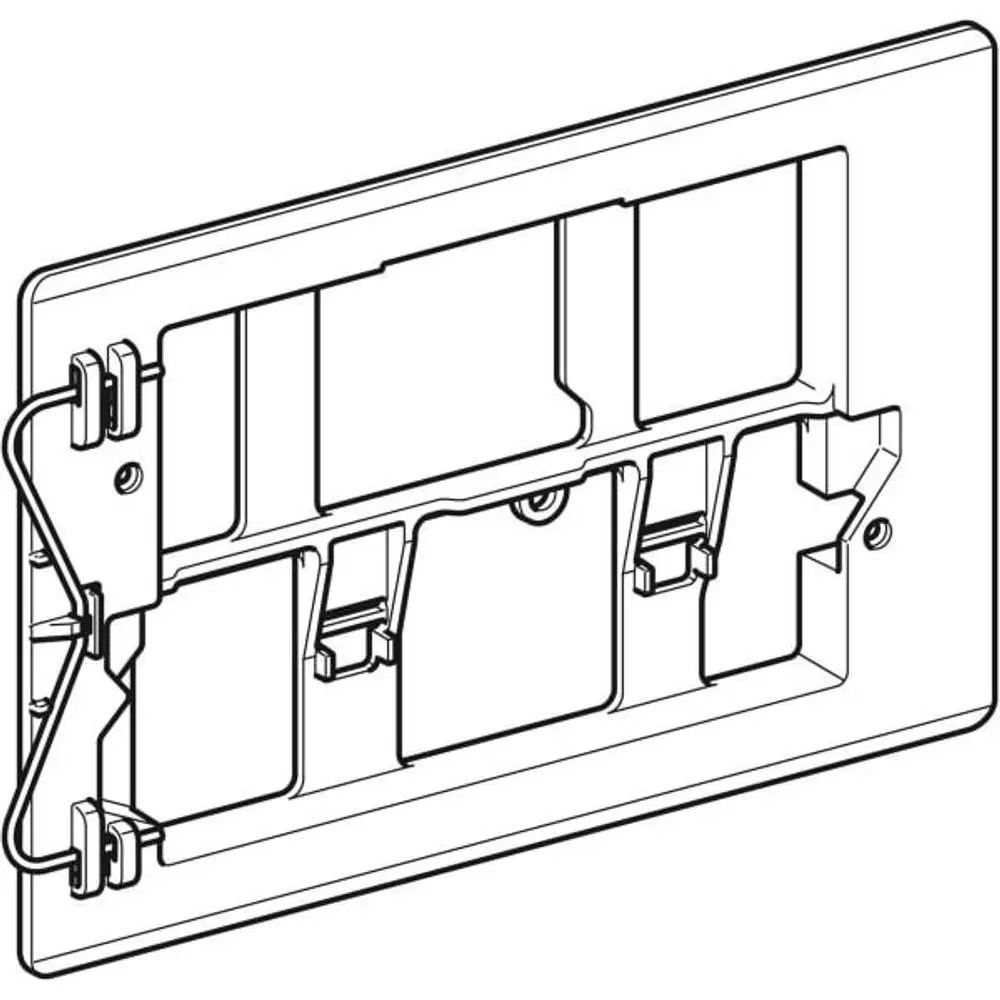 Befestigungsrahmen von Geberit für Betätigungsplatten mit mehreren Halterungen, klar konturiert, montierbar an Wand oder Verkleidung.