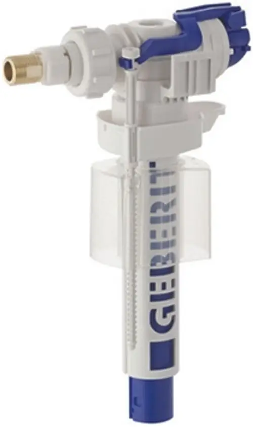 Geberit Füllventil mit seitlichem Wasseranschluss, ausgestattet mit einem Messingnippel. Das Produkt hat eine kompakte Bauform und erscheint in weißer und blauer Ausführung.