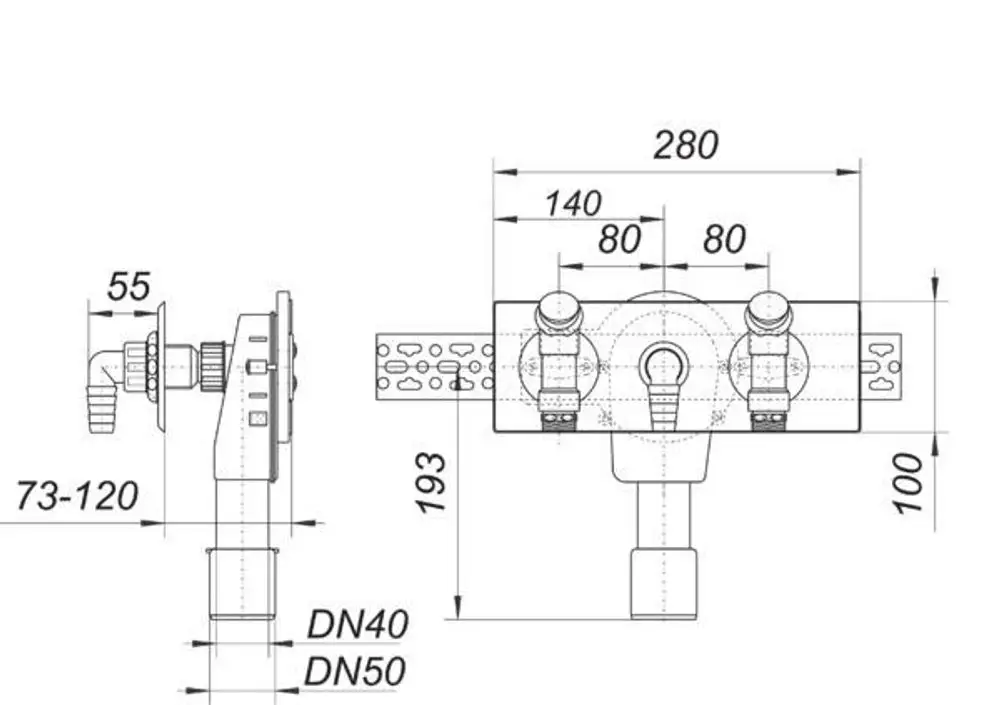Wandeinbau-Siphon von Dallmer mit zwei Anschlussmöglichkeiten, aufgezeichnet in technischen Zeichnungen mit verschiedenen Dimensionen und Anschlüssen.