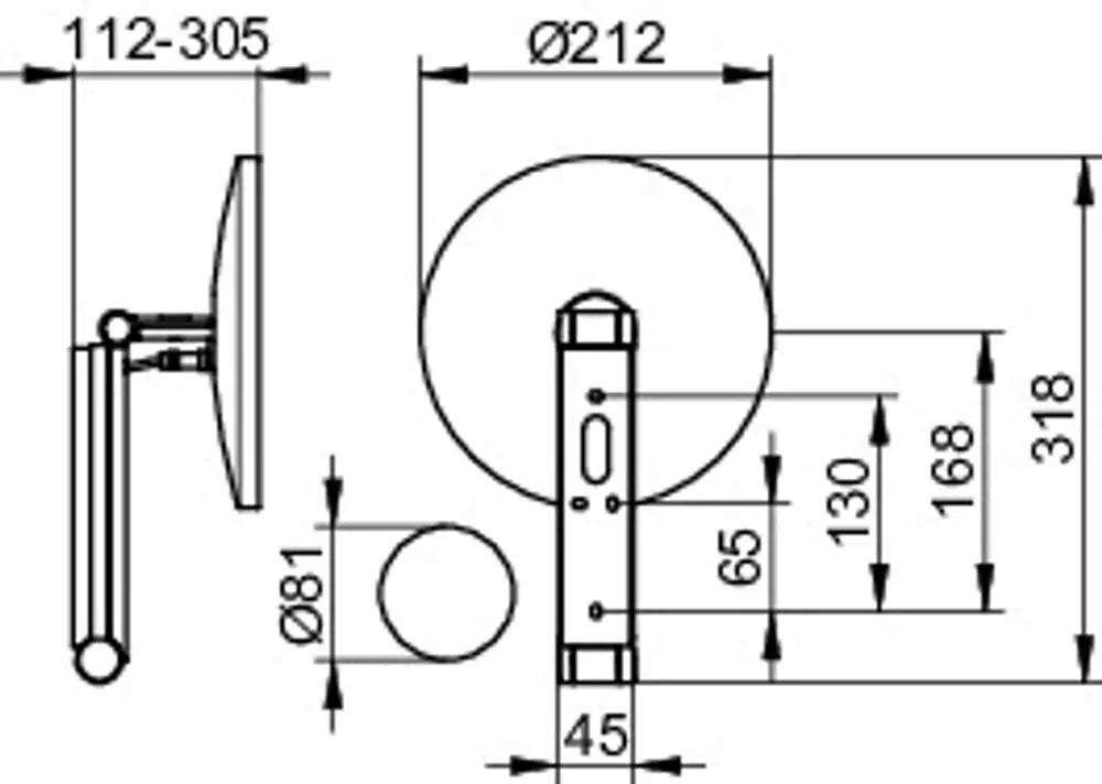 Runder, beleuchteter Kosmetikspiegel von Keuco im Wandmodell mit zwei Lichtfarben. Die Zeichnung zeigt Maße und Designdetails des Spiegels.