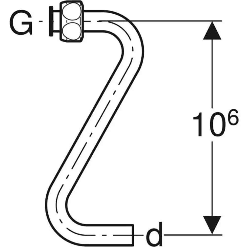Verbindungsrohr von Geberit, in gebogener Form mit zwei Anschlüssen, dargestellt in technischer Zeichnung. Maße und Details sind nicht angegeben.