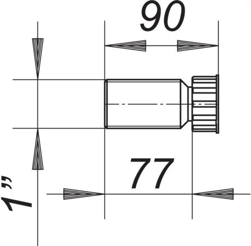 Dallmer Gewindeverlängerung, schematische Darstellung mit Maßangaben. Abgebildet ist ein zylindrisches Verbindungselement mit geriffeltem Ende.