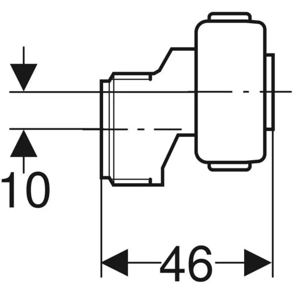 Exzenter für Füllventil, teilweise sichtbar, mit abgerundeten Kanten und Schlauchanschluss, hergestellt von Geberit. Technische Zeichnung zeigt Maße und Formdetails.