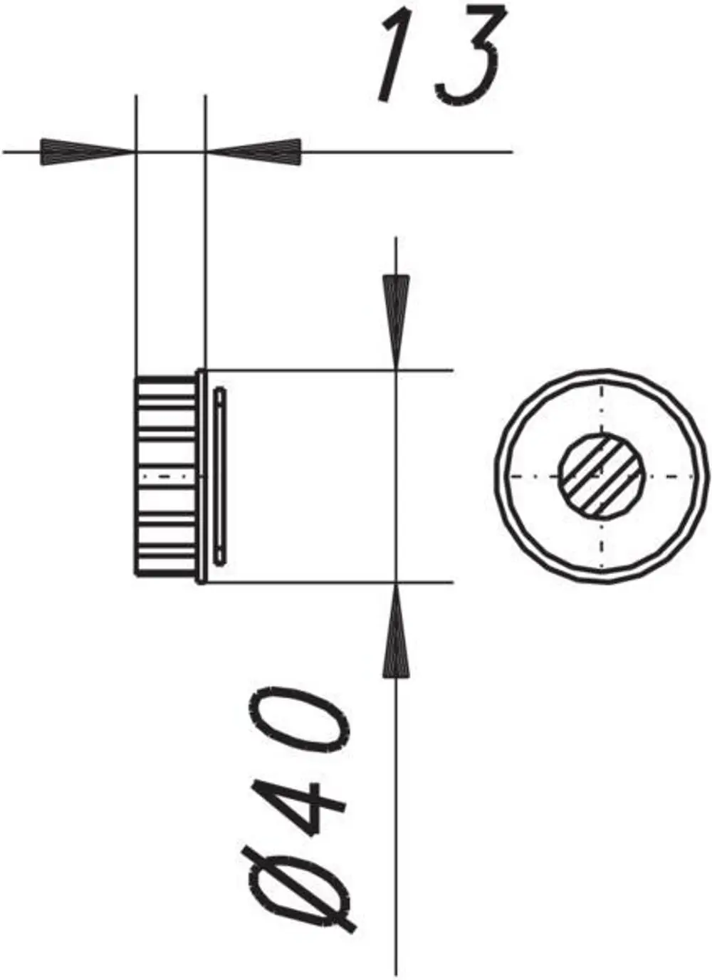Dallmer Reinigungsschraube in seitlicher Ansicht mit abgerundeter Kontur und kreisförmigem Querschnitt, mit einer Durchmesserangabe von 40 mm und einer Höhe von 13 mm.