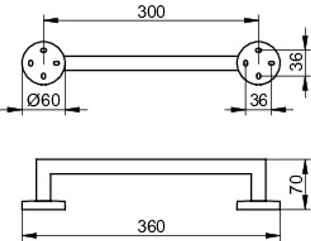 Keuco Haltegriff mit zwei runden Halterungen, horizontal montiert, mit einem Abstand zwischen den Halterungen. Der Griff hat eine gerade Form und ist mit einer glänzenden Oberfläche versehen.
