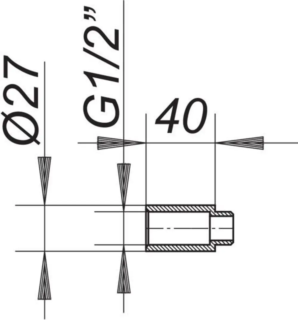 Dallmer Verlängerungsset, technische Zeichnung mit Maßangaben, inkl. G1/2"-Anschluss, Ø27 mm, für UP-Ventil, Länge 40 mm.