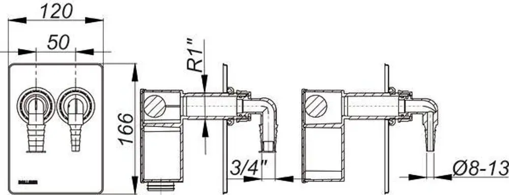 Dallmer Anschlussschema für Waschgeräte-Siphon mit zwei Anschlüssen und seitlicher Abgangsleitung, dargestellt in technischer Zeichnung mit Maßangaben.