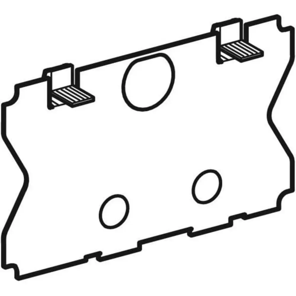 Geberit Schutzplatte, rechteckige Form mit Aussparungen und einer runden Öffnung, geeignet für verschiedene Anwendungen im Bereich von Spülkästen.