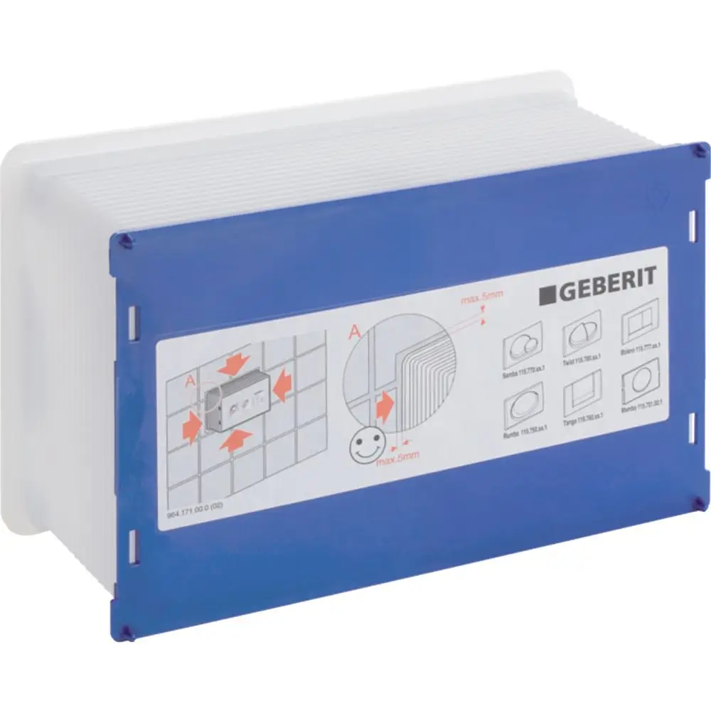 Bauschutz von Geberit in blauer Verpackung mit Montageanleitung. Enthält Informationen zur Installation und Verwendung.