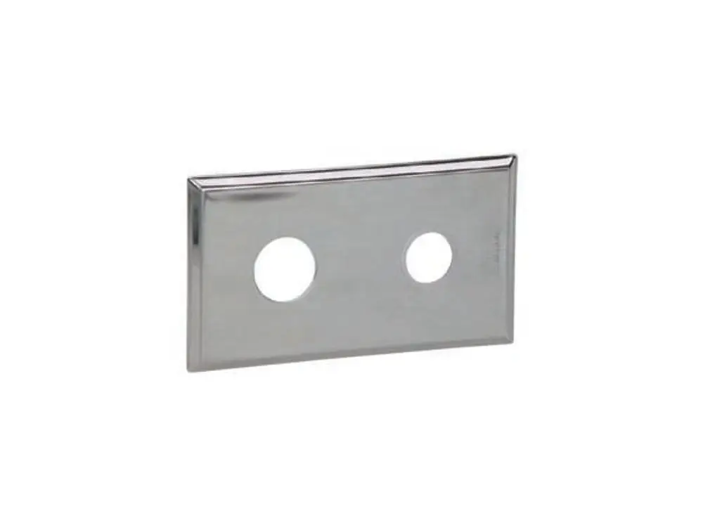 Edelstahlplatte mit zwei runden Ausschnitten, geeignet für die Abdeckung. Dallmer Produkt, schlichtes Design ohne zusätzliche Verzierungen.