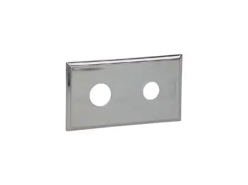 Edelstahlplatte mit zwei runden Ausschnitten, geeignet für die Abdeckung. Dallmer Produkt, schlichtes Design ohne zusätzliche Verzierungen.