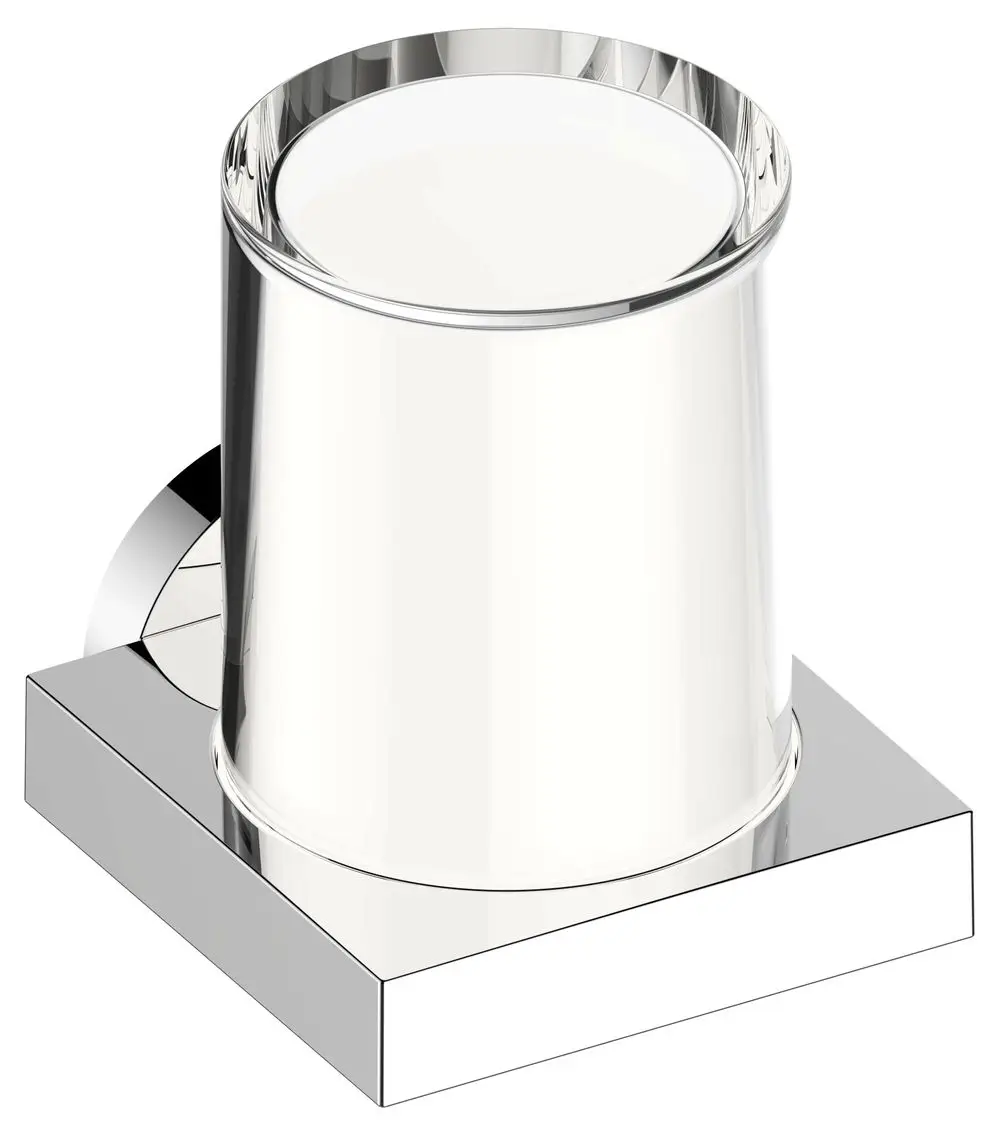 Lotionspender von Keuco mit verchromtem Halter und Pumpe, runder Form, auf quadratischem Fuß, klar und schlicht im Design.