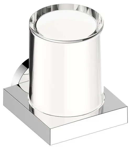 Lotionspender von Keuco mit verchromtem Halter und Pumpe, runder Form, auf quadratischem Fuß, klar und schlicht im Design.