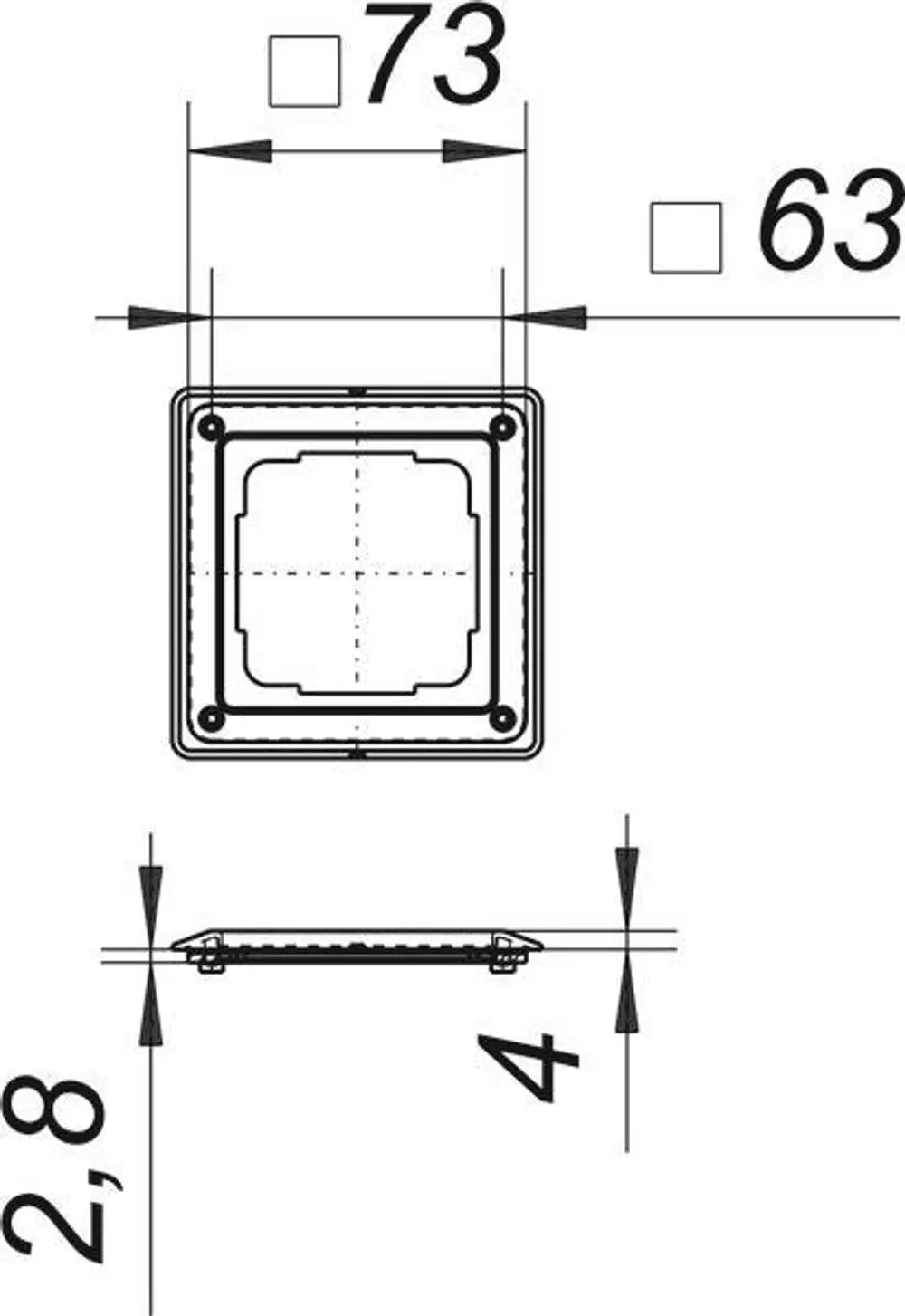Dallmer Blendrahmen-Garnitur, quadratische Form mit abgerundeten Ecken, mit Maßlinien für Installation, gezeigt in Draufsicht und Seitenansicht.
