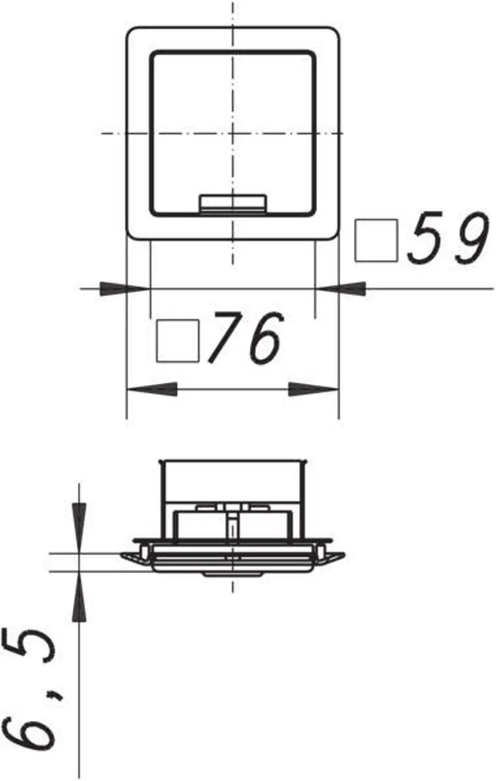 Dallmer-Steckdose mit quadratischem Klappdeckel, dargestellte Maße und Profile in technischen Zeichnungen, inklusive Detailansicht der Montage.