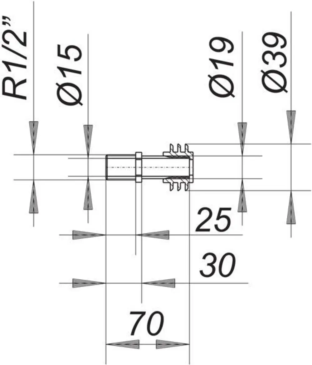 Dallmer Teilzeichnung eines Urinal-Zulaufsets, dargestellt in technischer Zeichnung. Maße und Durchmesser sind grafisch eingezeichnet.
