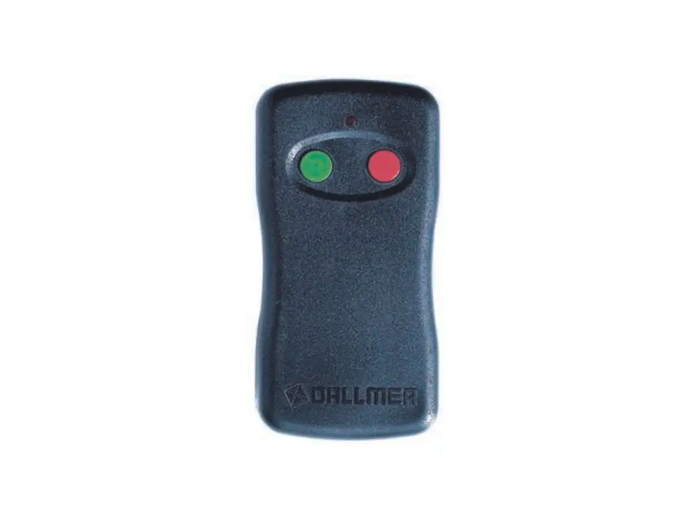 Fernbedienung von Dallmer in dunkler Farbe mit zwei Tasten (grün und rot) und einer kleinen LED-Anzeige oben.