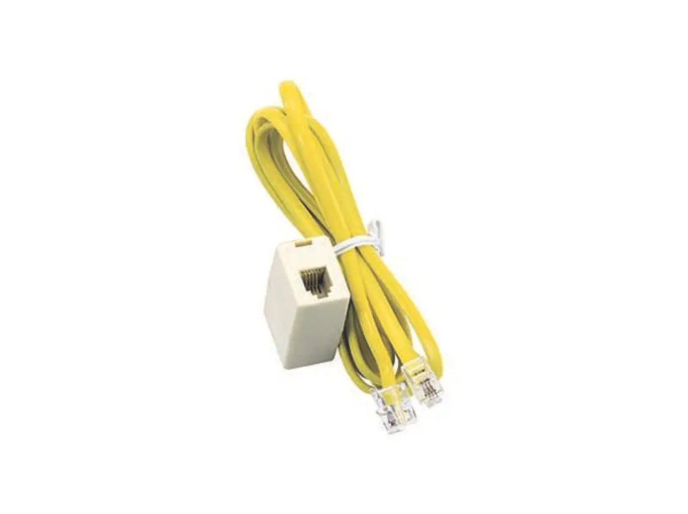Gelbes Kabel mit RJ45-Anschluss und einem Verbindungselement, hergestellt von Dallmer. Verwendung zur Verlängerung von Signalen oder Verbindungen.