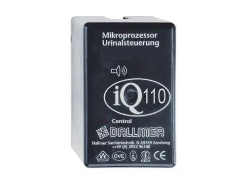 Schwarze Elektronik-Box von Dallmer mit Mikroprozessorsteuerung. Sichtbare Bedienknöpfe und Kontrollleuchte auf der Vorderseite.
