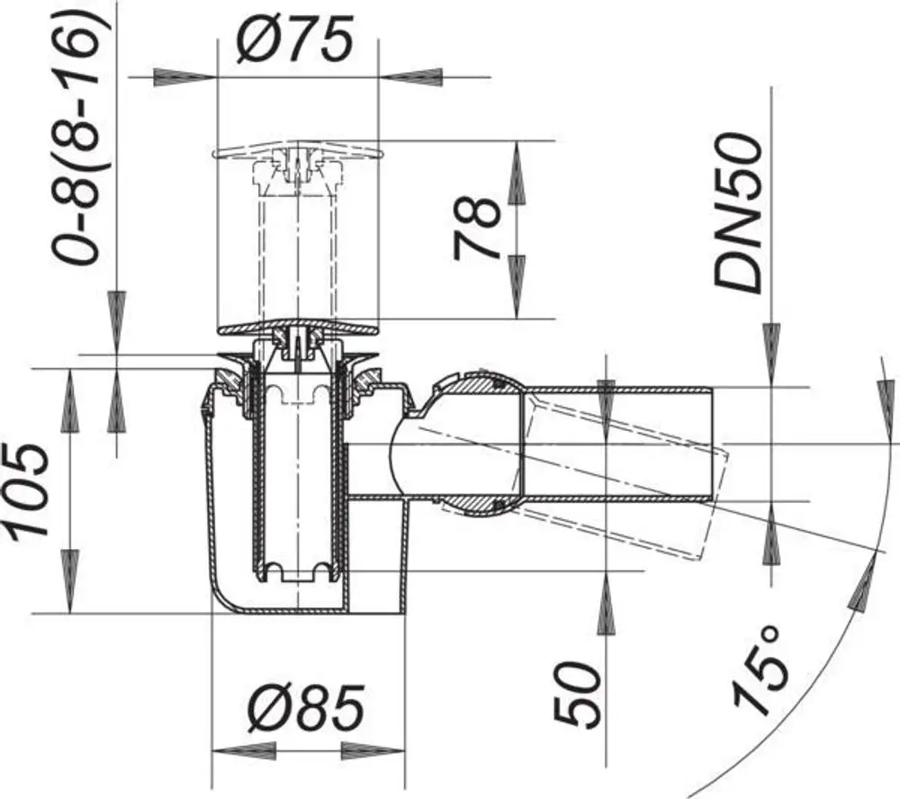 Dallmer Duschwannenablauf mit verchromter Haube, abgebildet in einer technischen Zeichnung mit Maßangaben und Anschlussdetails.