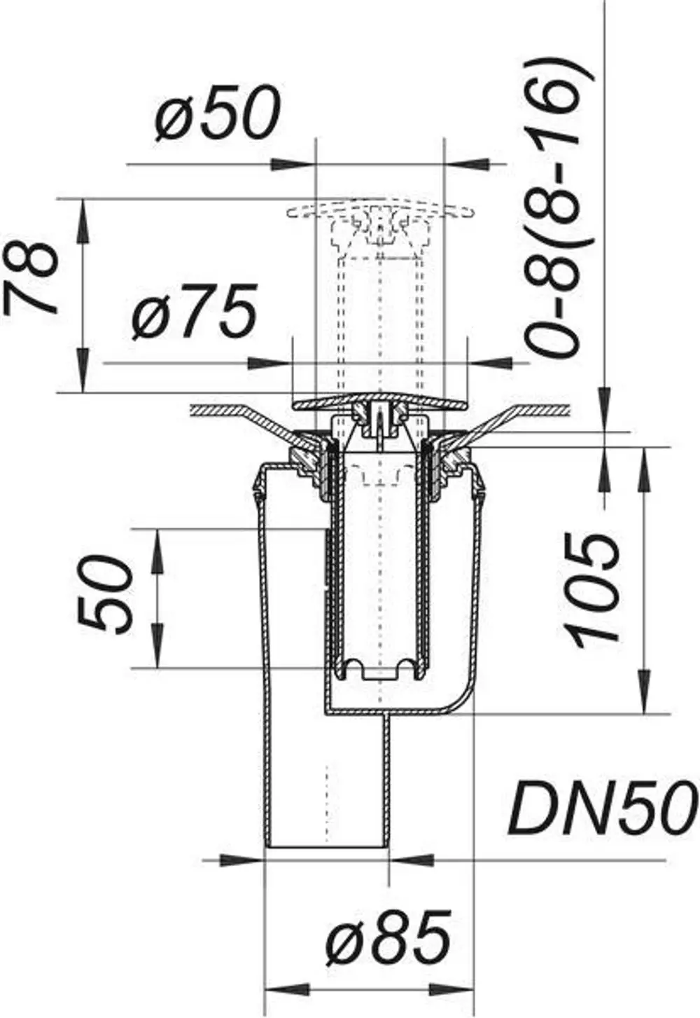 Dallmer-Duschwannenablauf mit senkrechtem Anschluss, Diagramm zeigt technische Maße und Schnittansicht. Haube verchromt, DN 50, für eine saubere Abwasserableitung.