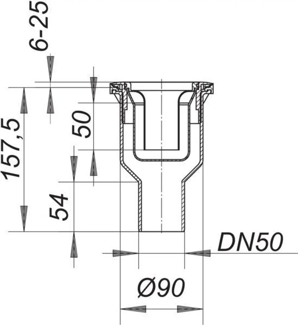 Dallmer Duschwannenablaufgehäuse mit einem kreisförmigen Schnittdesign, Maßskala und DN50-Anschluss, in Seitenansicht mit technischen Details.
