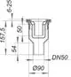 Dallmer Duschwannenablaufgehäuse mit einem kreisförmigen Schnittdesign, Maßskala und DN50-Anschluss, in Seitenansicht mit technischen Details.