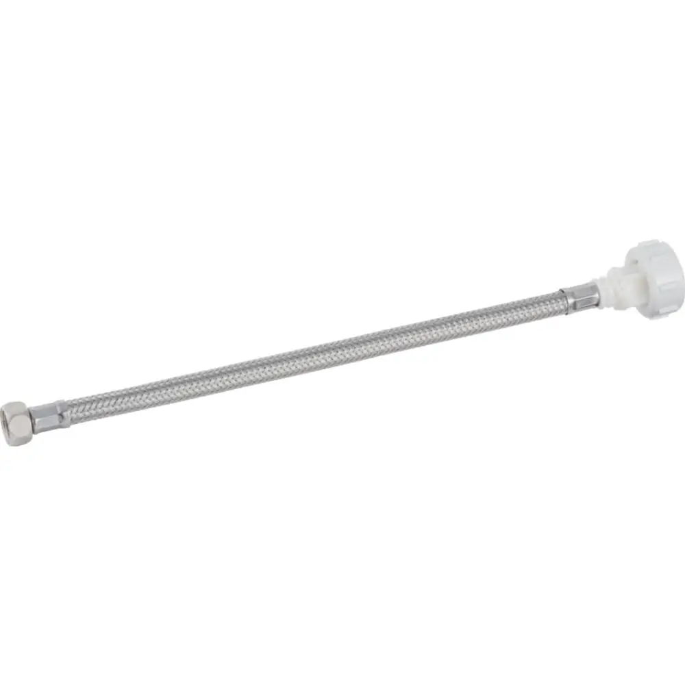Flexible Verbindungsschlauch mit einem Metallgeflecht und zwei Anschlüssen, geeignet für Sanitärinstallationen. Produkt von Geberit.