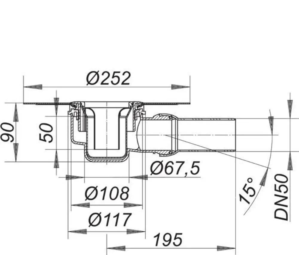 Dallmer Duschablauf mit seitlichem Abgang, schematische Darstellung in technischer Zeichnung. Diverse Durchmesser und Maße sind eingezeichnet.