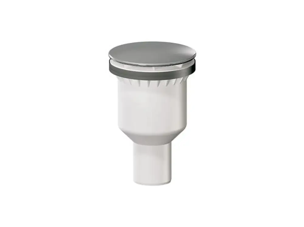Dallmer Duschwannenablauf in senkrechter Bauform, mit Edelstahlhaube und einem Anschluss für DN 50 Rohrleitungen. White plastic body with a sleek surface design.