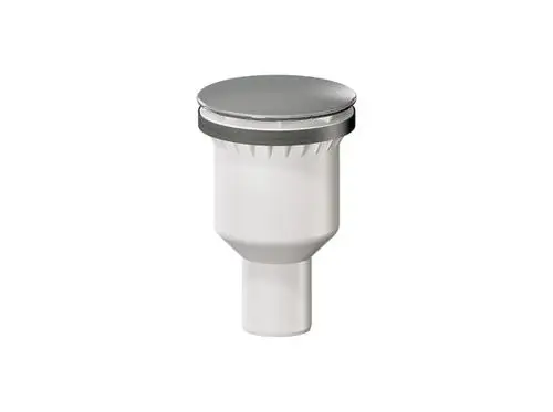 Dallmer Duschwannenablauf in senkrechter Bauform, mit Edelstahlhaube und einem Anschluss für DN 50 Rohrleitungen. White plastic body with a sleek surface design.