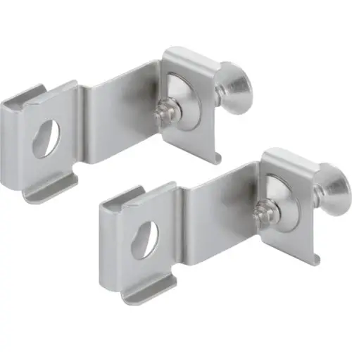 Befestigungselemente aus Metall, geeignet zur Montage, mit Schrauben und Aussparungen. Produkt von Geberit zur Verwendung mit Danceline Abdeckplatte.
