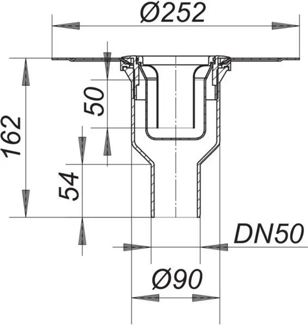 Dallmer Duschablauf mit einem kreisförmigen Design, Rohranschluss und verschiedenen Durchmessern. Technische Zeichnung mit Maßangaben und Schnittansicht.