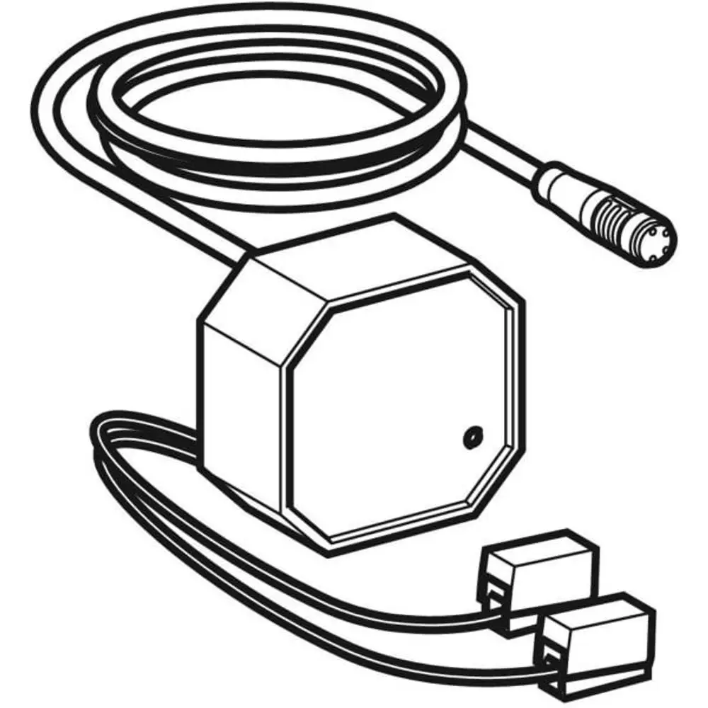 Netzteil mit einem Kabel, einer Steckverbindung und zwei abzweigenden Leitungen, hergestellt von Geberit. Das Gerät hat eine oktagonale Form.
