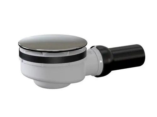 Dallmer Duschwannenablauf mit verchromter Haube und seitlichem Anschluss. Das Produkt zeigt ein kompaktes Design mit einem runden Deckel.