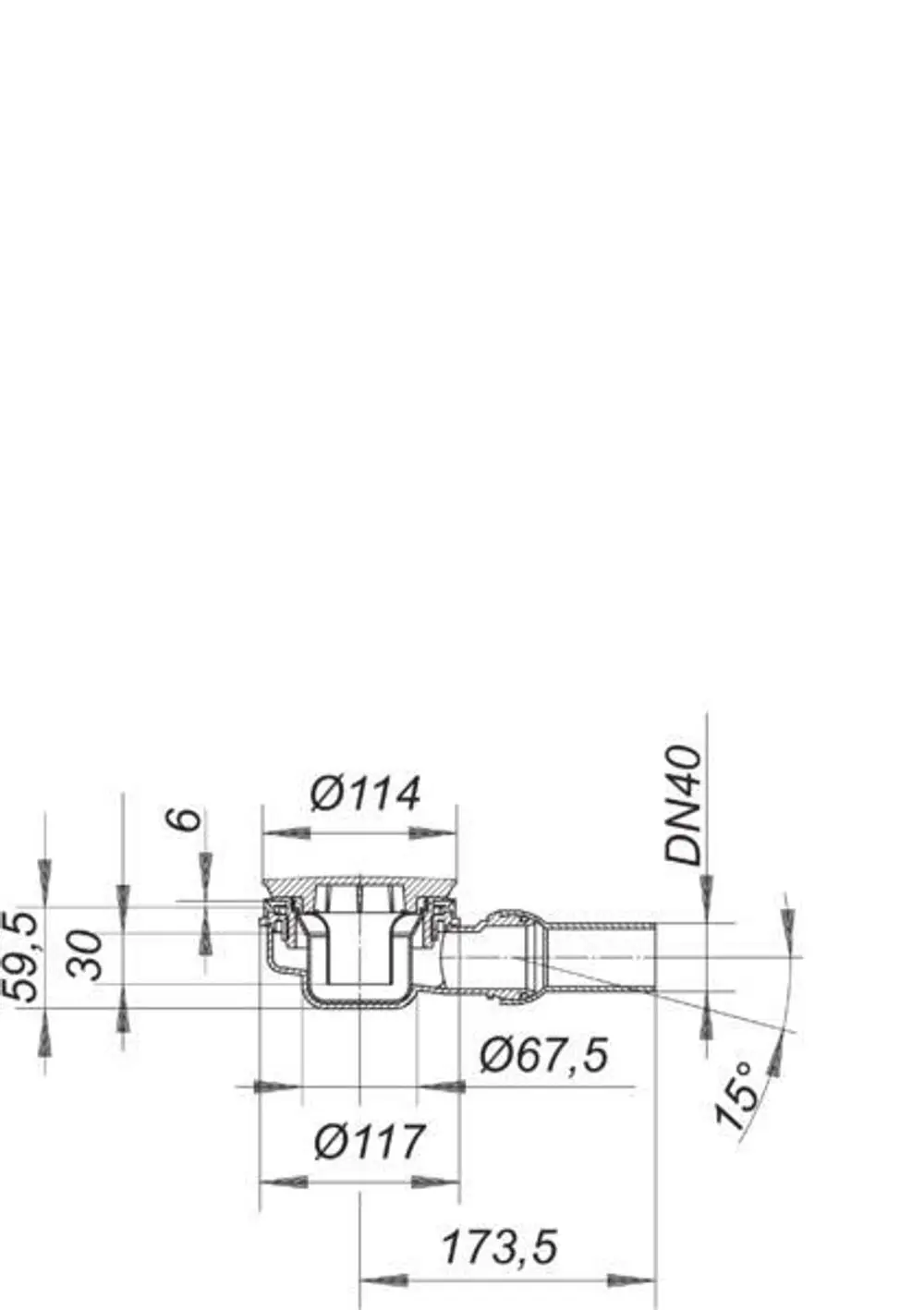 Dallmer Duschwannenablauf mit verchromter Haube, Anschluss DN 40, seitliche Rohrführung, Maßzeichnungen und technische Details abgebildet.