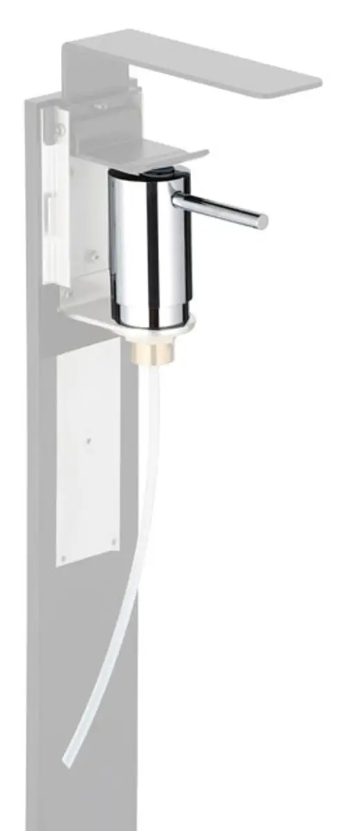 Keuco Pumpe mit modernem Design, geeignet für verschiedene Badezimmereinrichtungen, zeigt Montageelemente und transparente Schlauchführung.