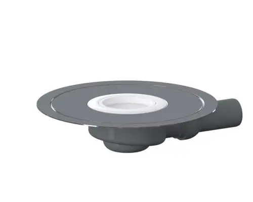 Dallmer Duschablauf mit runder Abdeckung und seitlichem Anschluss. Das Produkt ist aus grauem Material gefertigt und zeigt eine zentrale Öffnung für den Wasserablauf.