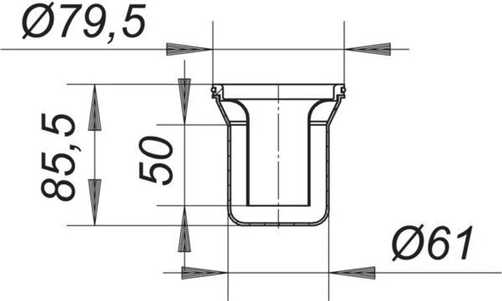Dallmer Geruchverschluss mit zylindrischer Form, Maßzeichnungen und Durchmessern von 79,5 mm und 61 mm. Sichtbare Details zur Installation und Funktion.
