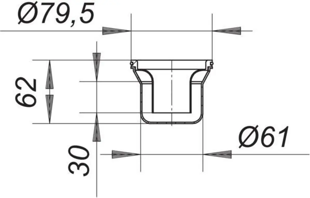 Dallmer Geruchverschluss mit einem Durchmesser von 79,5 mm und einer Höhe von 62 mm, mit einem Innenmaß von 61 mm, zeigt eine detailierte technische Zeichnung.